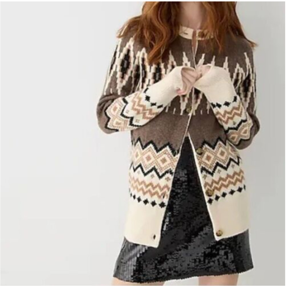 J. Crew Brown Cream Fair Isle Long Sleeve Button Down Wool Blend Cardigan Size S